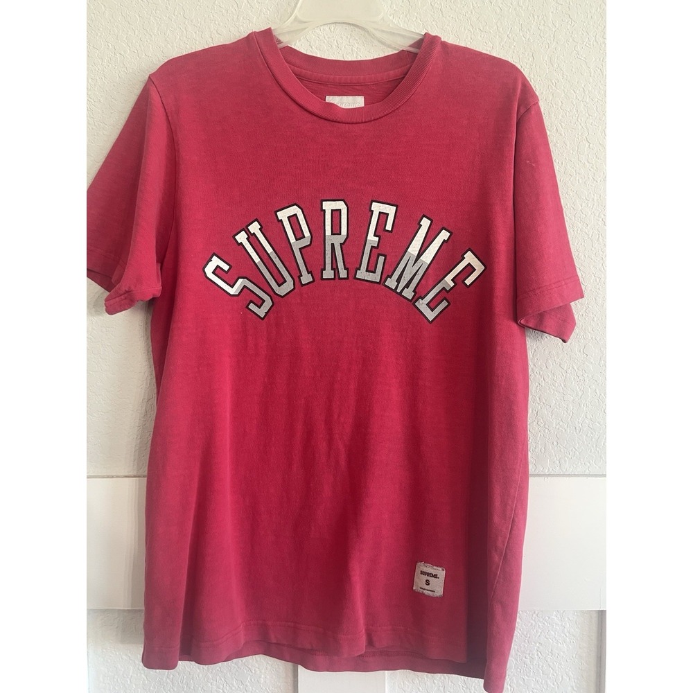 Supreme Printed Arc Logo SS Top Pink Gray White Mens Size Small T-Shirt